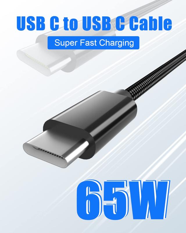 3.3ft, 2Pack 65W USB C to USB C Cable, Nylon USB C Charger Cable, Fast Charging Type C Cable for iPhone, iPad Mini, MacBook, Samsung Galaxy, Switch and More