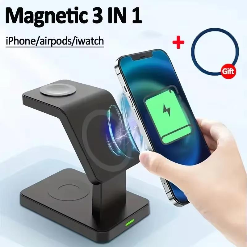 3 in 1 Magnetic Wireless Charger Stand, 15W Fast Charging Station, Multifunctional Charging Station for iPhone, Watch & Earphone