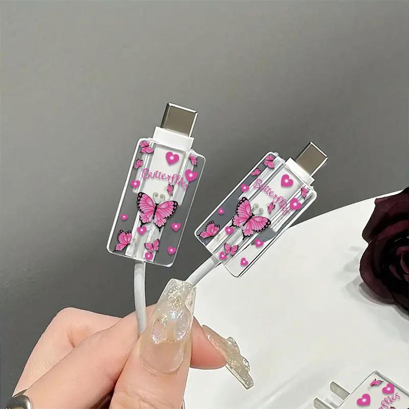 Butterfly & Heart Pattern Charger & Cable Protector Set, Transparent Charger & Cable Protective Case, Phone Accessories Compatible with iPhone 18W 20W Charger