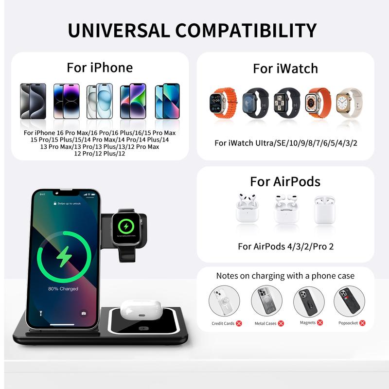 3-in-1 Wireless Charger, 15W Fast Wireless Charger, Foldable & Portable Design Wireless Charging Station for iPhone & Samsung Phone & iWatch & AirPods Series Foldable Wireless