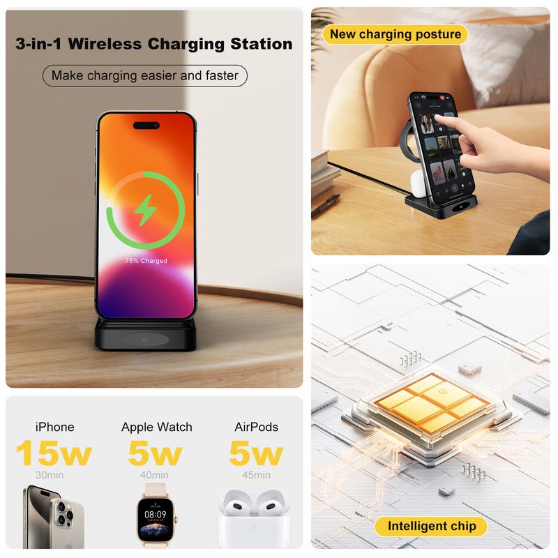 Wireless Charger 3-in-1 Charging Stand for Fast Simultaneous Electronic Mobile Wireless Charging station of iPhone, AirPods, and iWatch Series, Suitable for Home and Office UseWireless Charging station Smartphone Cellphone