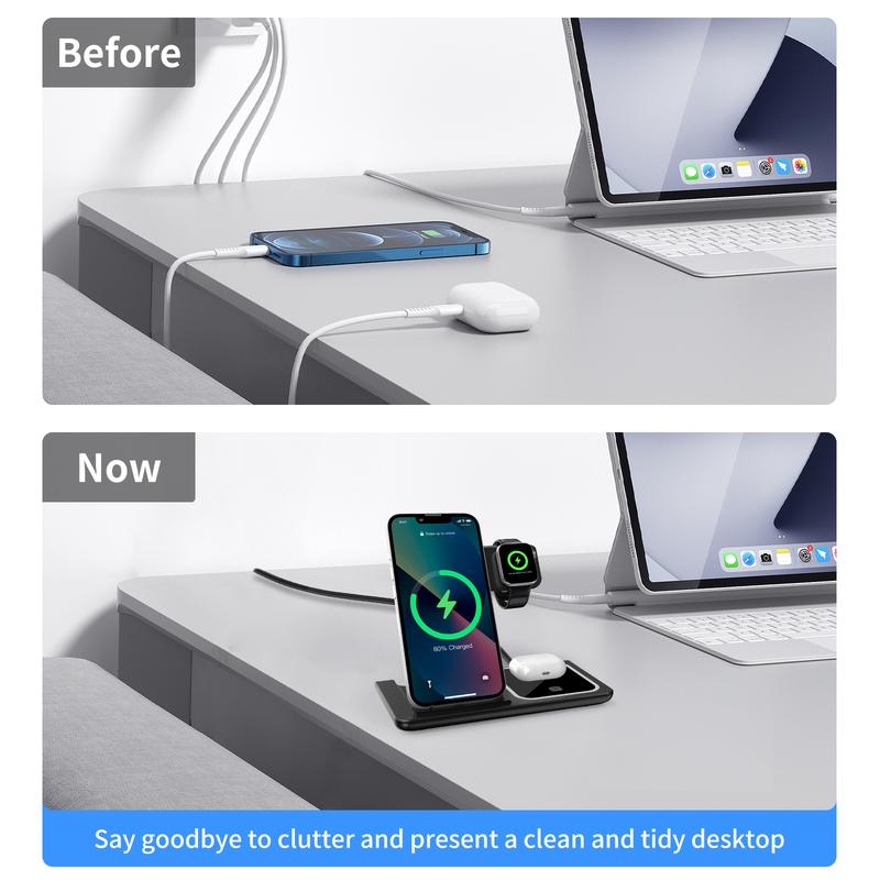 3-in-1 Wireless Charger, 15W Fast Wireless Charger, Foldable & Portable Design Wireless Charging Station for iPhone & Samsung Phone & iWatch & AirPods Series Foldable Wireless