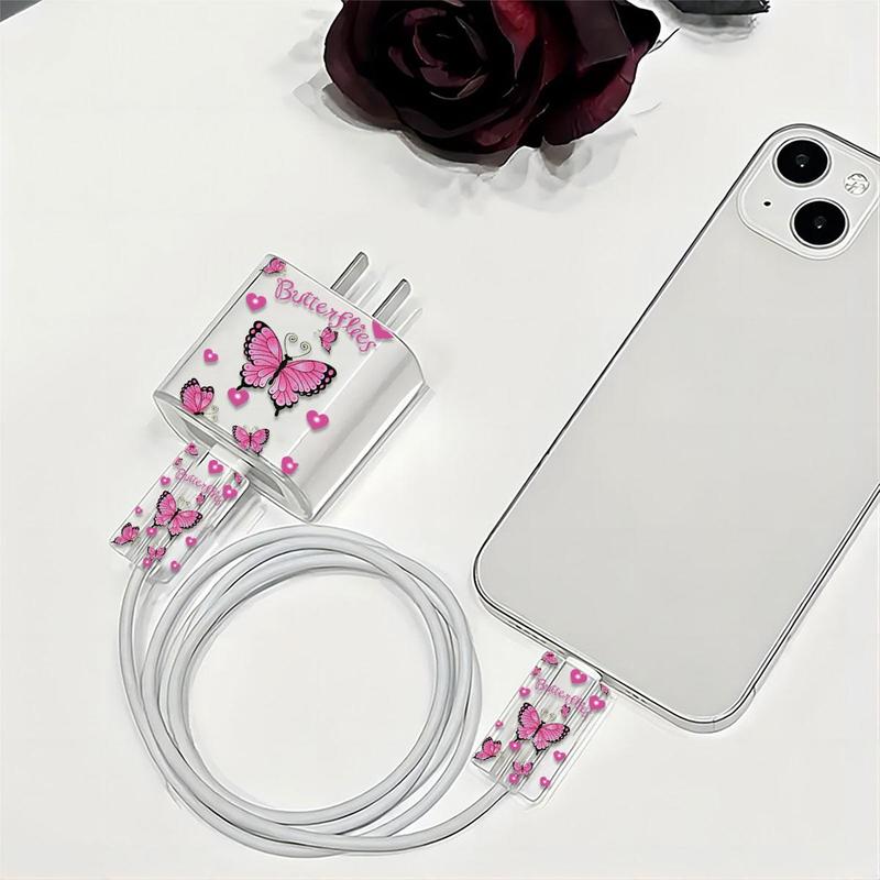 Butterfly & Heart Pattern Charger & Cable Protector Set, Transparent Charger & Cable Protective Case, Phone Accessories Compatible with iPhone 18W 20W Charger