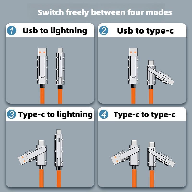 4 in 1 Type-C Charging Data Cable, 100W Multipurpose Phone Fast Charging Data Cable, Multifunctional USB Charging Cable for iPhone & Android Phones