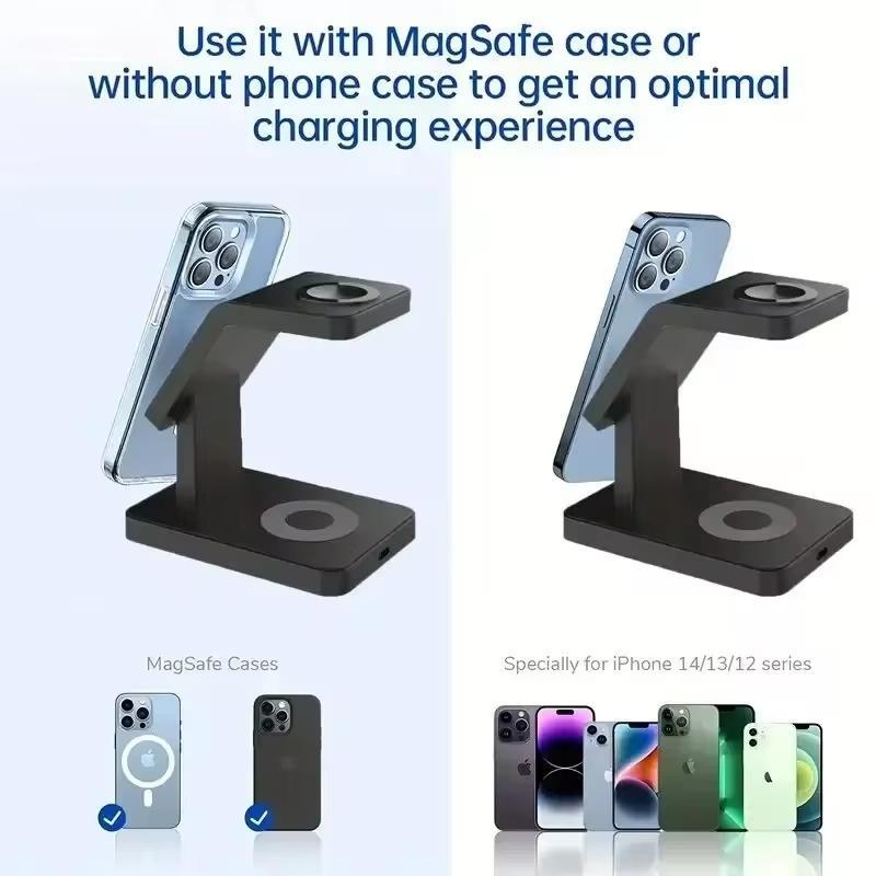 3 in 1 Magnetic Wireless Charger Stand, 15W Fast Charging Station, Multifunctional Charging Station for iPhone, Watch & Earphone