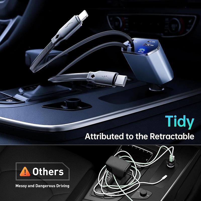 4 in 1 Retractable Car Charger, 1 Count 2 Retractable Cables & USB Car Charger, Compatible with iPhone 16 15 14 13 12 11, Galaxy, Pixel