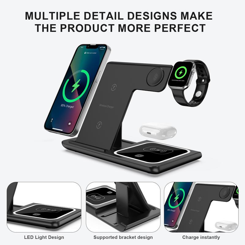 3-in-1 Wireless Charger, 15W Fast Wireless Charger, Foldable & Portable Design Wireless Charging Station for iPhone & Samsung Phone & iWatch & AirPods Series Foldable Wireless