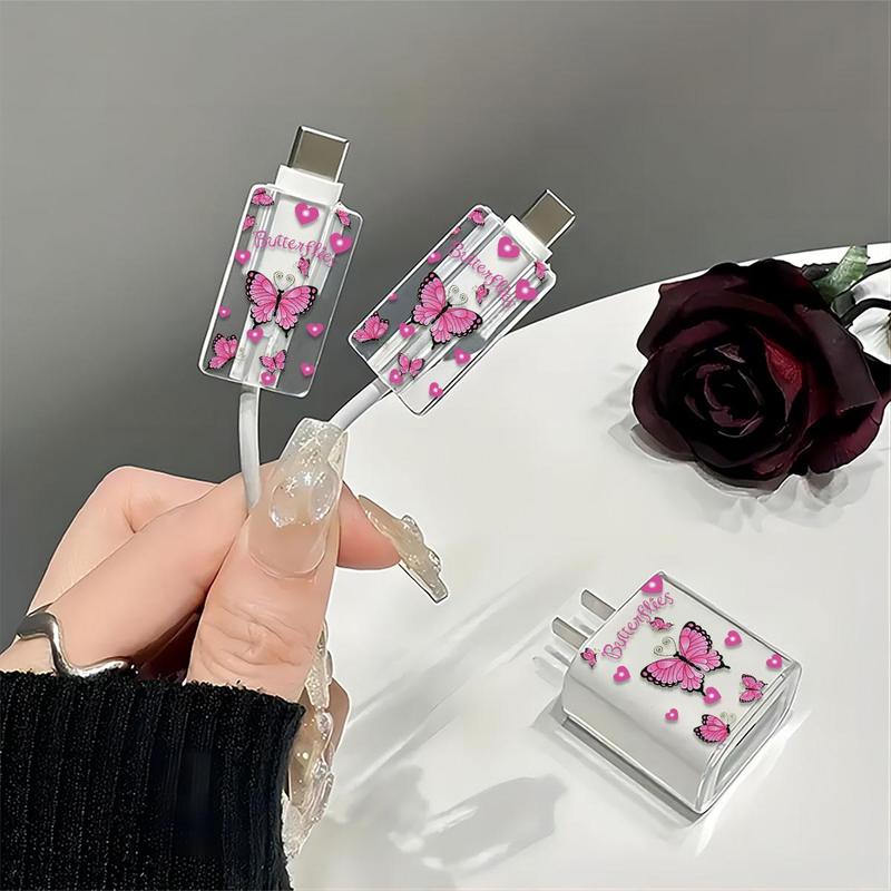 Butterfly & Heart Pattern Charger & Cable Protector Set, Transparent Charger & Cable Protective Case, Phone Accessories Compatible with iPhone 18W 20W Charger