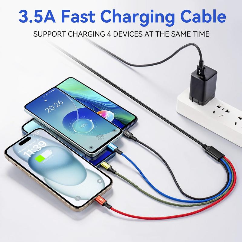 Multifunctional Charging Cable 4 in 1 Nylon Braided Fast Charging 4ft USB Cable Adapter with Lightning Type C Micro USB Ports for iPhone iPod Samsung LG Phone Tablet and More