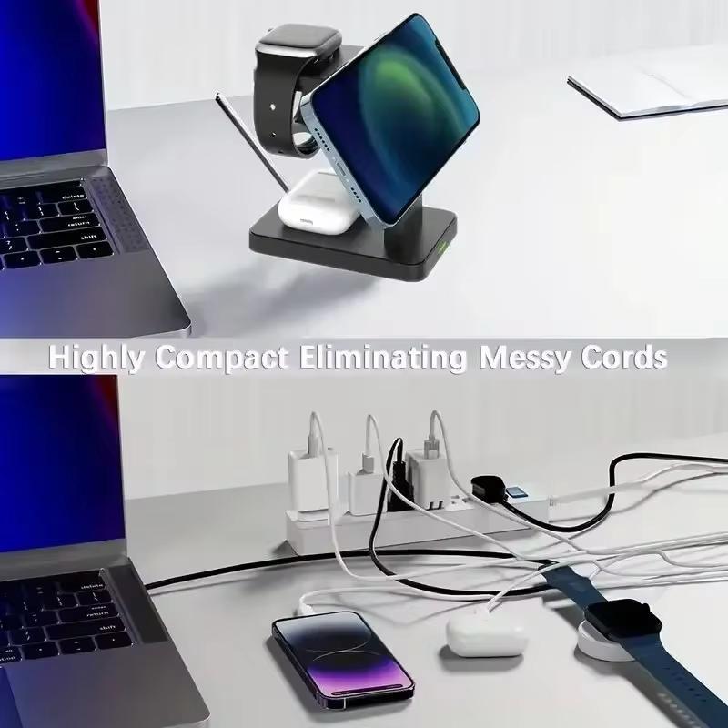 3 in 1 Magnetic Wireless Charger Stand, 15W Fast Charging Station, Multifunctional Charging Station for iPhone, Watch & Earphone