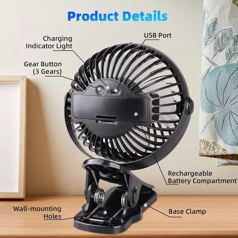 3 Speeds Portable Mini Cooling Fan USB Rechargeable Quiet Clip On Desk Stroller Compact Mobile