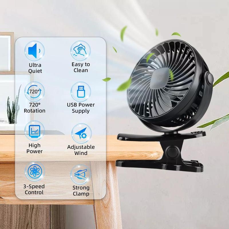 3 Speeds Portable Mini Cooling Fan USB Rechargeable Quiet Clip On Desk Stroller Compact Mobile