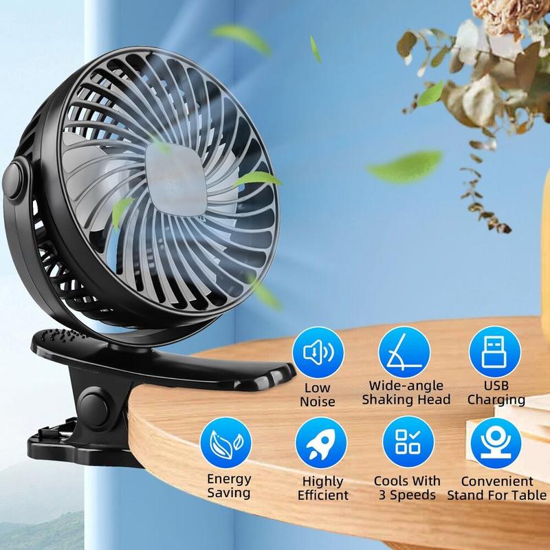 3 Speeds Portable Mini Cooling Fan USB Rechargeable Quiet Clip On Desk Stroller Compact Mobile