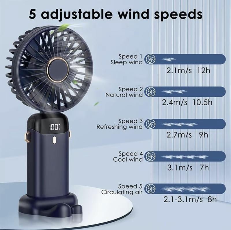 5 Speeds USB Rechargeable and Portable USB Fan with LED Display, 7-16 hours with fully charge Mobile Blades Digital Foldable Game Handheld portable handheld Lithium Noise