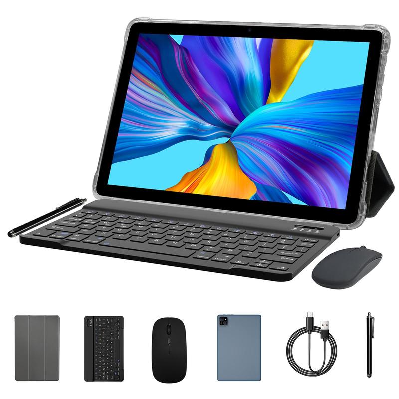 10.1 Inch Android Tablet for Back to School Gifts, USB Charging Large Storage IPS Large Screen Entertainment Office Dual Channel Speaker with Bluetooth-compatible Keyboard & Mouse Set, Tablet with Keyboard & Mouse for Fall