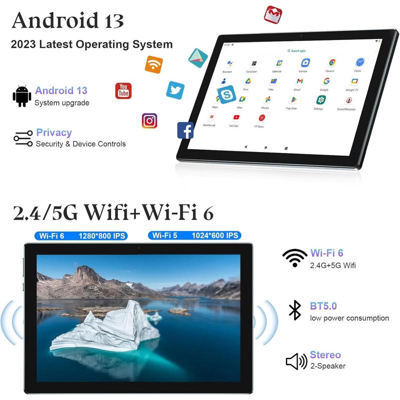 Newest Android 13 Tablet 10.1 Inch, Android 2 in 1 Tablet with Keyboard Case, 8GB+128GB ROM 1TB Tablets, Quad Core, HD Touch Screen, Dual Carema, Games, 2.4G 5G Wi-Fi 6,BT, GMS Certified