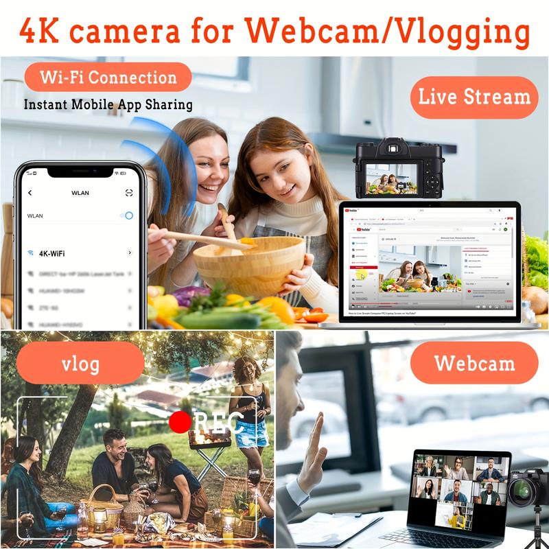 4K Digital Camera, 48 Million Megapixel Vlog Camera with 3.0 Inch 180 ° Flip Screen, Compact Camera, 16x Digital Zoom, WiFi Function, Autofocus, GB TF Card, 1 One Wide Angle Lens and 1 Battery