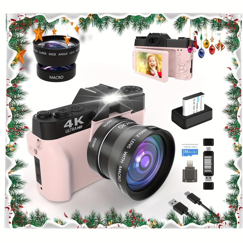 4K Digital Camera, 48 Million Megapixel Vlog Camera with 3.0 Inch 180 ° Flip Screen, Compact Camera, 16x Digital Zoom, WiFi Function, Autofocus, GB TF Card, 1 One Wide Angle Lens and 1 Battery