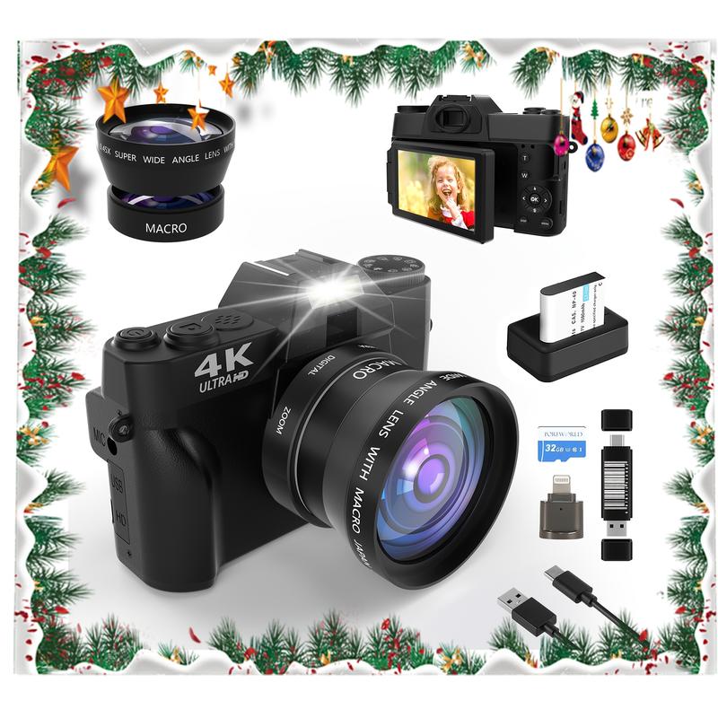 4K Digital Camera, 48 Million Megapixel Vlog Camera with 3.0 Inch 180 ° Flip Screen, Compact Camera, 16x Digital Zoom, WiFi Function, Autofocus, GB TF Card, 1 One Wide Angle Lens and 1 Battery