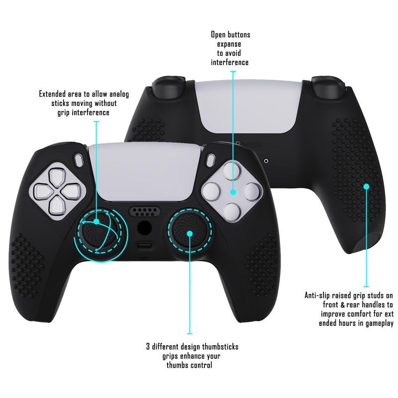 eXtremeRate PlayVital Black 3D Studded Edition Anti-Slip Silicone Cover Skin for ps5 Controller, Soft Rubber Case Protector for ps5 Wireless Controller with 6 Black Thumb Grip Caps