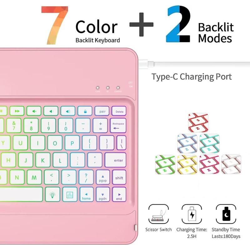 Keyboard Case for iPad 9th Generation,10 Color Backlight iPad Keyboard for 10.2-inch 9th  8th  7th  Air 3 Pro 10.5-inch,360? Rotatable Protective Cover with  Pencil Holder(Rose )