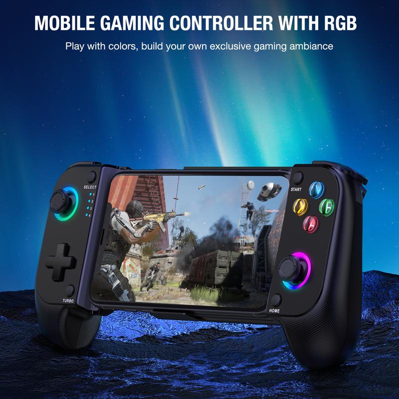 Wireless Phone Controller Mobile Gaming Controller with RGB for iPhone Android, Wireless Gaming Phone Controller with Phone Case Support, Hall Effect Joystick, RGB, Turbo - Low Latency Bluetooth Controller.,Black