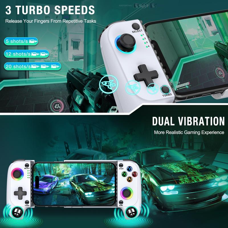 Mobile Gaming Controller for Iphone Android(100-175mm), Wireless Gaming Phone Controller with Phone Case Support, Hall Effect Joystick, RGB, Turbo - Low Latency Bluetooth Controller