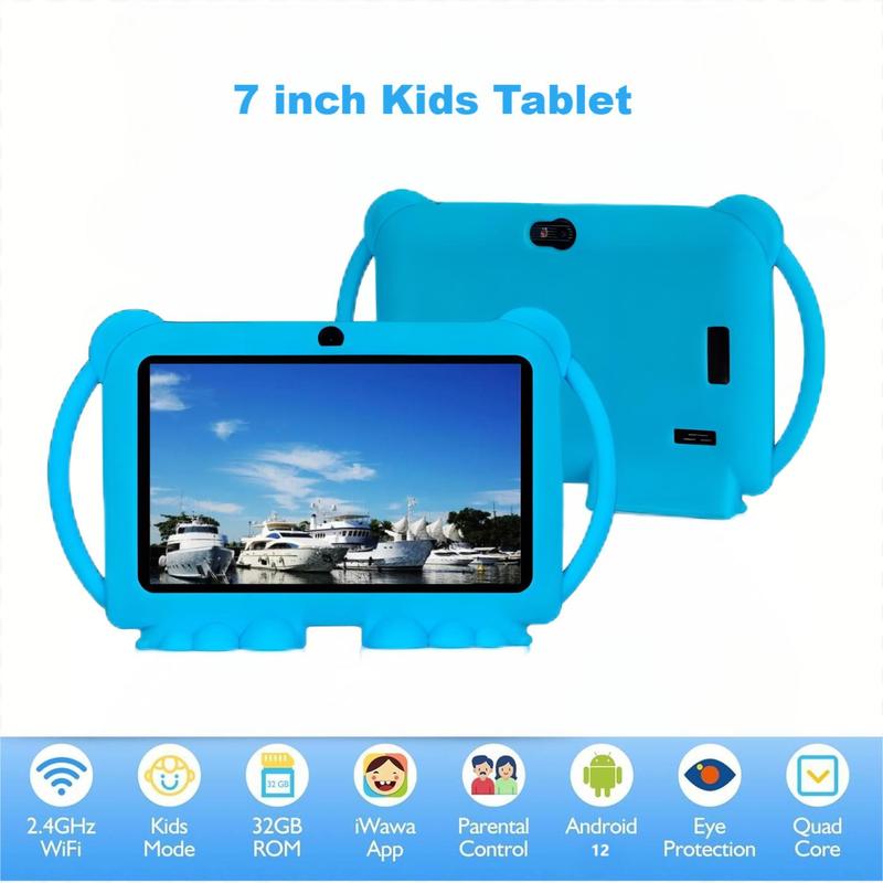 2.4G WiFi BT 7 Inch Android 12 Tablet, 2GB RAM & 32GB ROM IPS Screen Tablet with Shockproof Case, Parental Control Tablet, Educational Tablet for Home