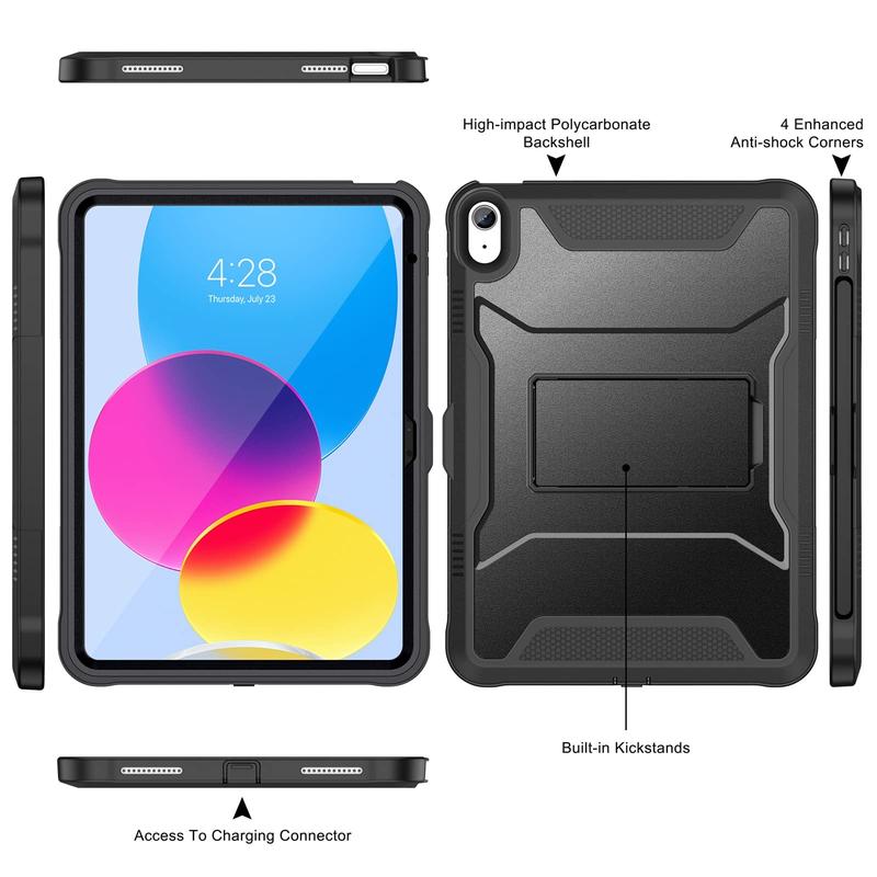 Case for iPad 10th Generation 10.9-inch 2022, with Built-in Screen Protector and Kickstand, Rugged Full Body Protective Cover for New Apple iPad 10.9 Inch - Black