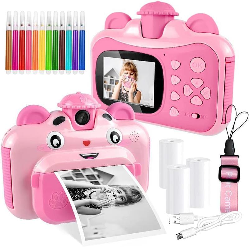 Instant Printing Camera for  with Color Pens-  Selfie Camera. Image and Video Recorder, 12MP Photo Shooting, 180-Degree Rotating Feature. Gift for Ages 5, 6, 7, 8, 9, 10 (Pink)