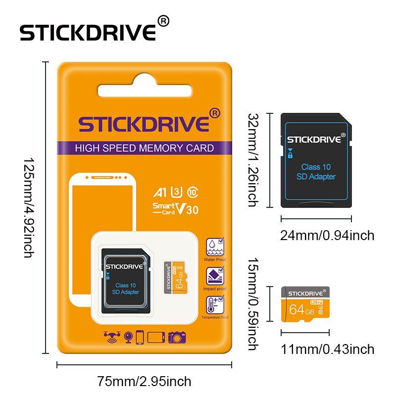 StickDrive Micro TF SD Card (1 Count), 16GB 32GB 64GB 128GB U3 Class 10 Memory Card, Flash TF Cards for SD Adapter, Camera Accessories