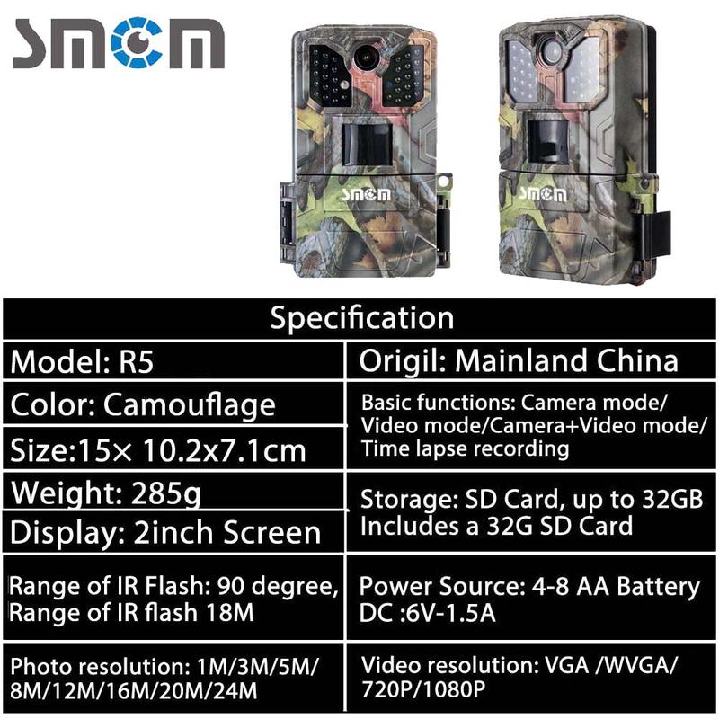 SMCM 1080P Outdoor Hunting Camera, 2.0-inch TFT-LCD Color Display Screen Camera with Infrared Lights, PIR Sensing Camera with 32G Card for Courtyard Farm