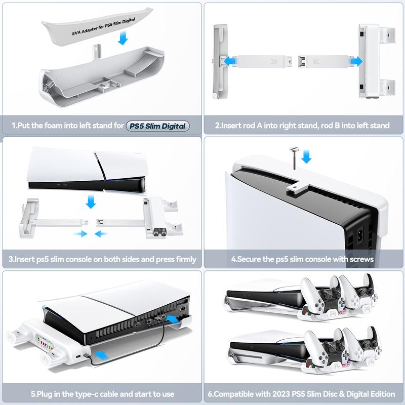 Horizontal Cooling Stand Replacement for PS5 Slim Disc & Digital Only, Dual PS5 Controller Charger with 3-Level RGB Cooling Fan, for 2023 PS5 Slim Console Playstation 3 Games (NOT Fit 2020 PS5)