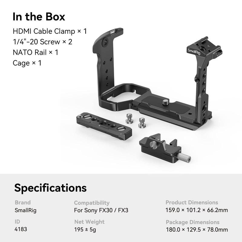 SmallRig Cage for Sony FX30 FX3 with Cable Clamp for HDMI, Classic Bright Black Surface, Included Cold Shoe and NATO Rail, Modular Design Compatible with Original XLR Handle - 4183