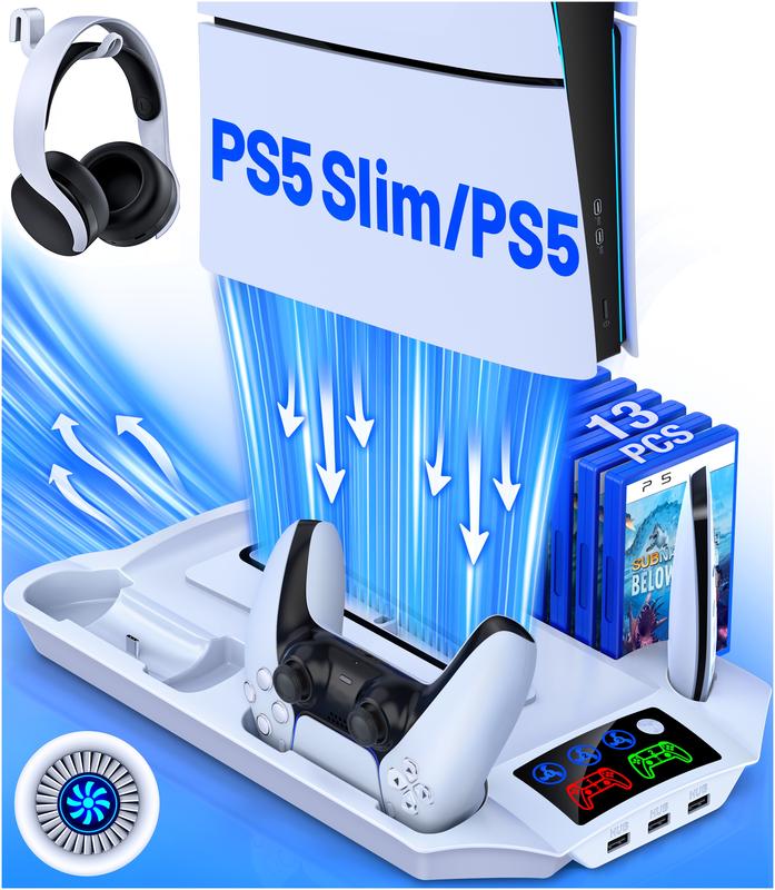 PS5 Stand Cooling Fan with PS5 Controller Charger for Playstation 5 Slim PS5 Pro, BEBONCOOL PS5 Accessories with PS5 Cooling Station,3 Levels Adjustable Fans Speed and 3 USB Ports-White