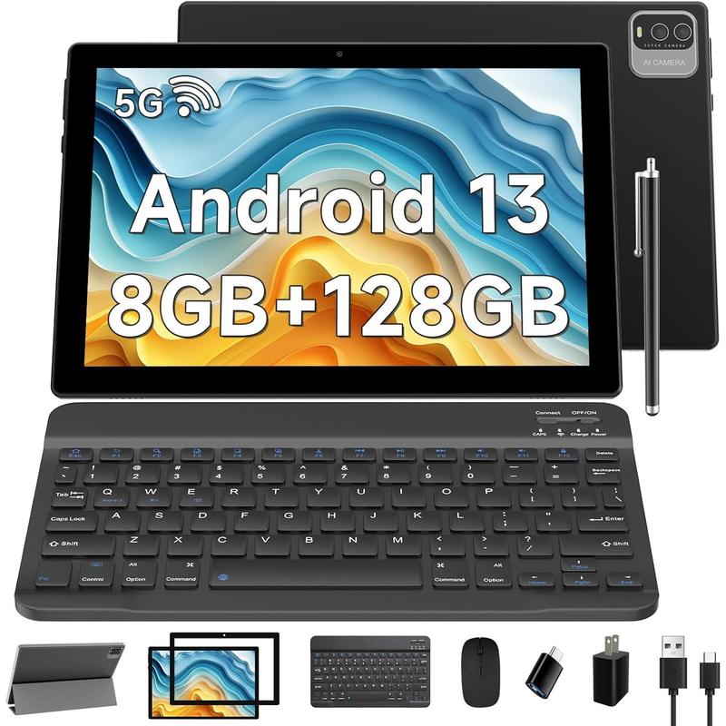 Newest Android 13 Tablet 10.1 Inch, Android 2 in 1 Tablet with Keyboard Case, 8GB+128GB ROM 1TB Tablets, Quad Core, HD Touch Screen, Dual Carema, Games, 2.4G 5G Wi-Fi 6,BT, GMS Certified