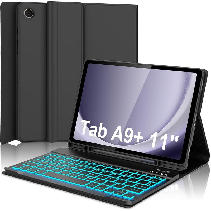 Galaxy Tab A9 Plus Case with Keyboard 11 inch, Detachable   Keyboard, 7 Colors Backlit, Slim  Folio Cover with S Pen Holder for A9+ 5G (SM-X210 X216 X218), Auto Sleep Wake, Black