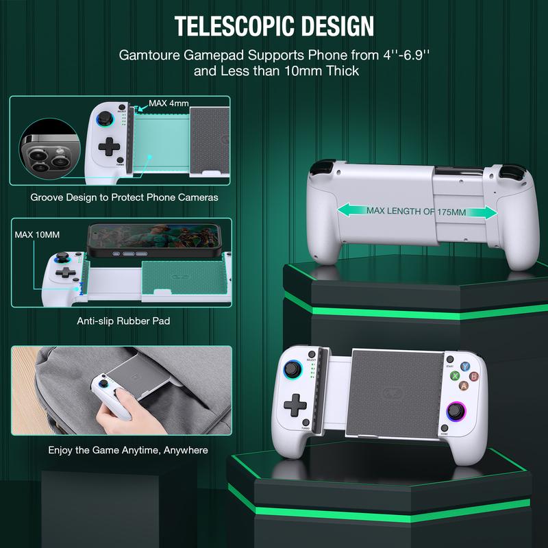 Mobile Gaming Controller for Iphone Android(100-175mm), Wireless Gaming Phone Controller with Phone Case Support, Hall Effect Joystick, RGB, Turbo - Low Latency Bluetooth Controller