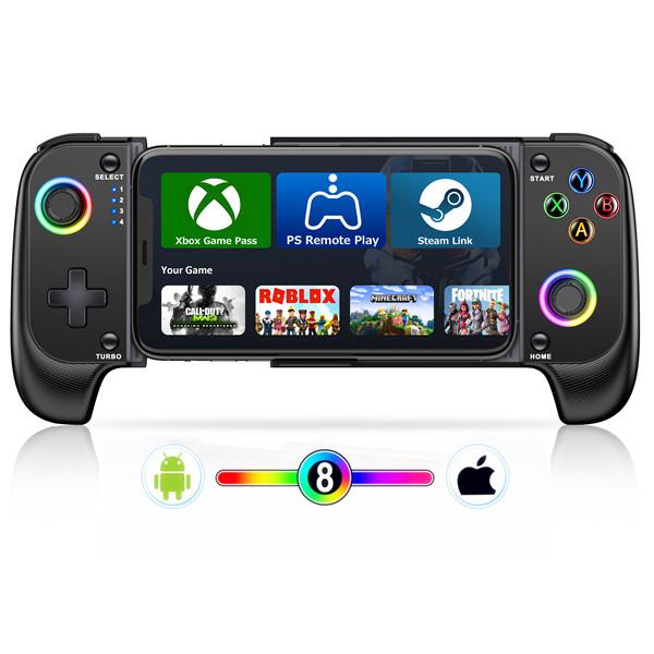 Wireless Phone Controller Mobile Gaming Controller with RGB for iPhone Android, Wireless Gaming Phone Controller with Phone Case Support, Hall Effect Joystick, RGB, Turbo - Low Latency Bluetooth Controller.,Black