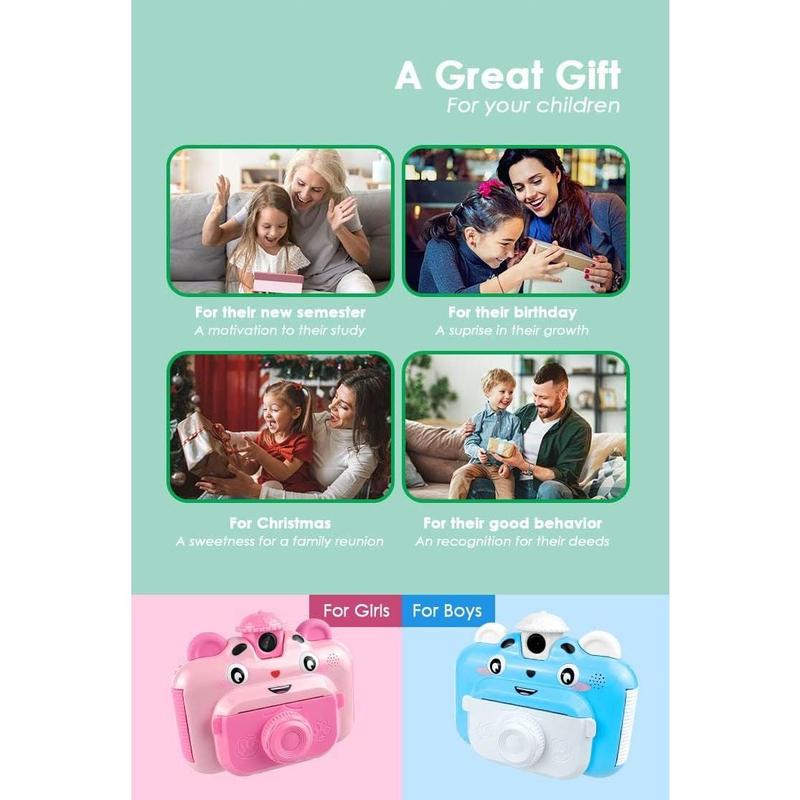 Instant Printing Camera for  with Color Pens-  Selfie Camera. Image and Video Recorder, 12MP Photo Shooting, 180-Degree Rotating Feature. Gift for Ages 5, 6, 7, 8, 9, 10 (Pink)