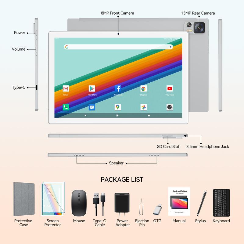 2025 Newest Android 14 Tablet WIFI6 Large Storage 8GB RAM (4+4 Virtual) + 64GB ROM+512GB Expandable, Octa-Core 2 in 1 Tablet with Keyboard, 7000 mAh Battery Tablet 10.1 Inch Screen, Bluetooth Case Mouse Android 2-in-1