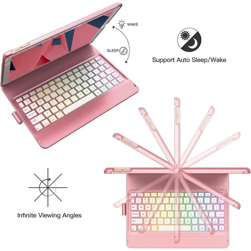 Keyboard Case for iPad 9th Generation,10 Color Backlight iPad Keyboard for 10.2-inch 9th  8th  7th  Air 3 Pro 10.5-inch,360? Rotatable Protective Cover with  Pencil Holder(Rose )