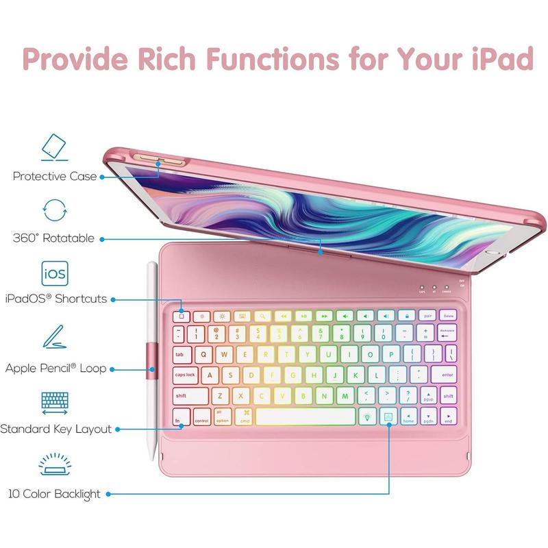 Keyboard Case for iPad 9th Generation,10 Color Backlight iPad Keyboard for 10.2-inch 9th  8th  7th  Air 3 Pro 10.5-inch,360? Rotatable Protective Cover with  Pencil Holder(Rose )