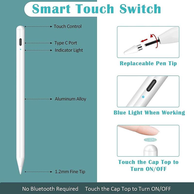 HMLXSH Universal Capacitive Active Stylus, Touch Screen Pen with 2 Replacement Pen Tip, USB Rechargeable Smart Stylus Pen for iOS Android Pad Phone Pencil Drawing