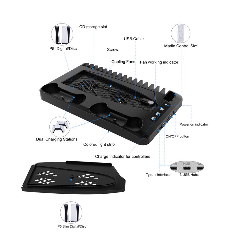 Dual PS5 Controller Charging Station with Cooling Fan & 3 Port USB