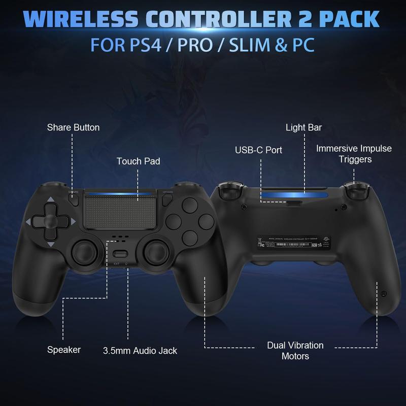 PS4 Controller 2 Pack, Wireless PS4 Controller for PS4   Pro Slim & PC, with 2 USB C Cable - Black