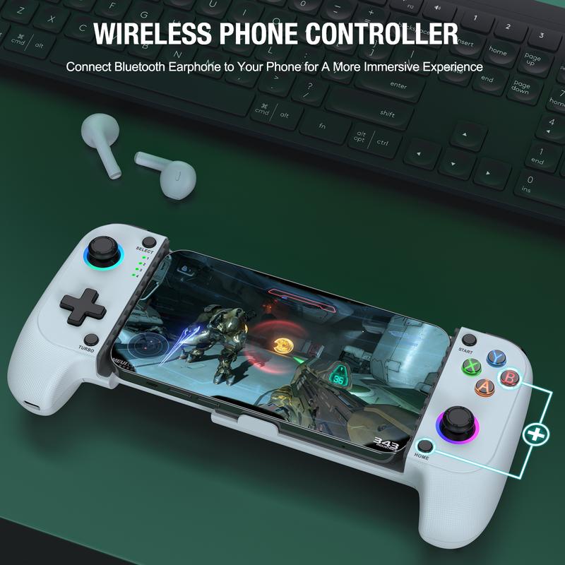 Mobile Gaming Controller for Iphone Android(100-175mm), Wireless Gaming Phone Controller with Phone Case Support, Hall Effect Joystick, RGB, Turbo - Low Latency Bluetooth Controller