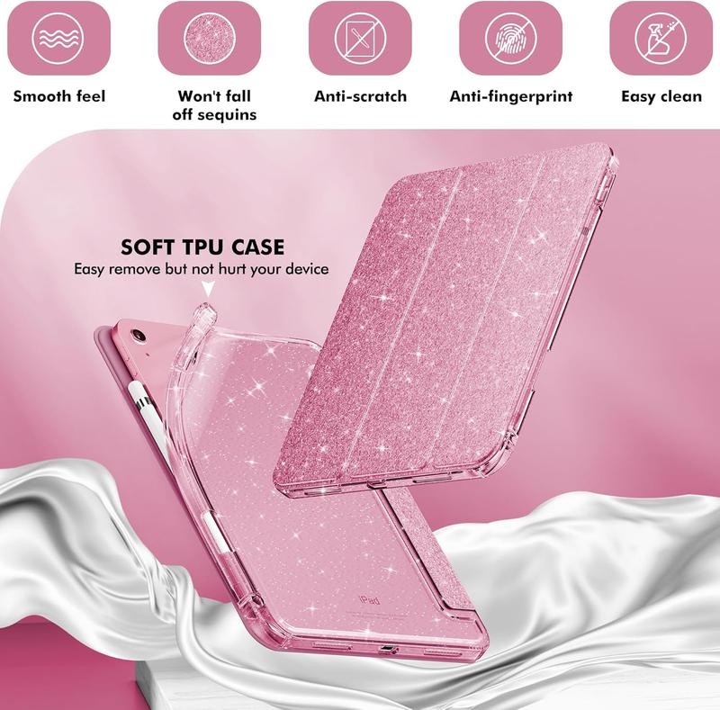 Compatible with iPad 10th Generation Case, iPad Case 10th Generation 10.9 Inch for Kids, Girls, Cute Glitter Cover with Sparkly Crystal Clear Back, Pencil Holder, Anti-Yellowing, Rose Pink