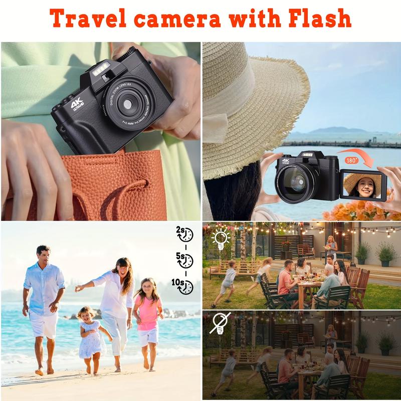 4K Digital Camera, 48 Million Megapixel Vlog Camera with 3.0 Inch 180 ° Flip Screen, Compact Camera, 16x Digital Zoom, WiFi Function, Autofocus, GB TF Card, 1 One Wide Angle Lens and 1 Battery