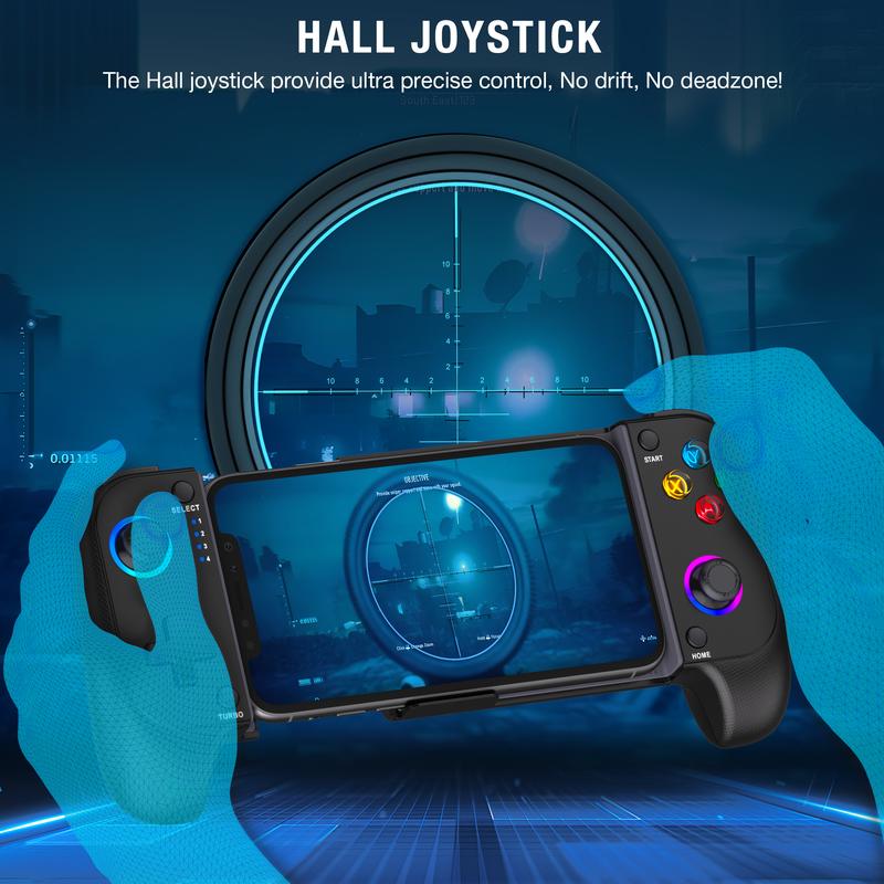 Wireless Phone Controller Mobile Gaming Controller with RGB for iPhone Android, Wireless Gaming Phone Controller with Phone Case Support, Hall Effect Joystick, RGB, Turbo - Low Latency Bluetooth Controller.,Black